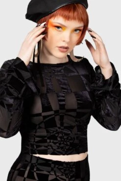 Suspiria Mood Crop Top [BLACK/GREY] -Killstar Store SUSPIRIA MOOD LONG SLEEVE TOP W E
